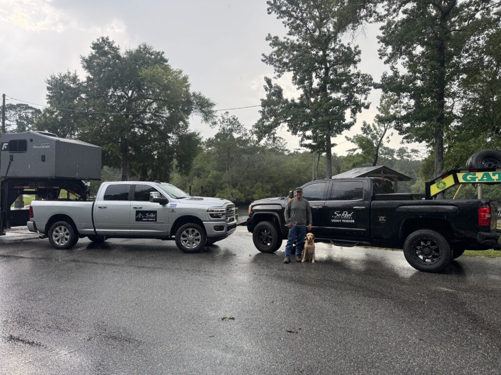 Two SoReel Outdoors hotshot trucks and 40 foot flatbed trailers